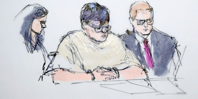 In this artist's sketch, Enrique Marquez, center, appears in federal court in Riverside, Calif., Thursday, Dec. 17, 2015. Marquez, 24, was charged Thursday with conspiring to provide material support to terrorists for plotting with gunman Syed Rizwan Farook to launch attacks in 2011 and 2012 at a community college and congested freeway at rush hour that they never carried out. (AP Photo/Bill Robles)