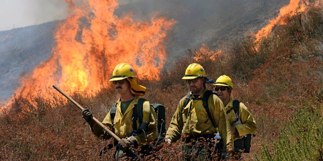 Firefighters battle the Bluecut Fire along Swarthout Canyon Road in the Cajon Pass, north of San Bernardino, Calif., Tuesday August 16, 2016. The blaze 60 miles east of Los Angeles has burned what appear to be several ranch outbuildings and forced evacuations in and around Lytle Creek. (Will Lester/The Sun via AP) MANDATORY CREDIT