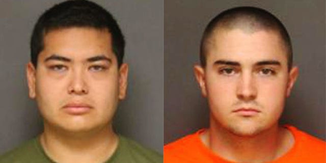 These photos released by the Fullerton, Calif., Police Department show Frank Felix, 25 (left) and Josh Acosta, 21, (right) who were arrested and jailed in connection with the murders of two men and a woman at a Fullerton home. (Fullerton Police Department via AP)