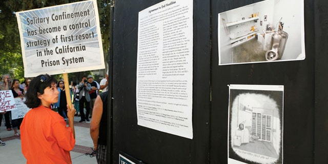 Aug. 14, 2013: In this file photo, Diya Malika, of the Stop Mass Incarceration Network, glances at information about the Secure Housing Units in California prisons, during a rally calling for the end of solitary confinement in California prisons, at the Capitol in Sacramento, Calif.