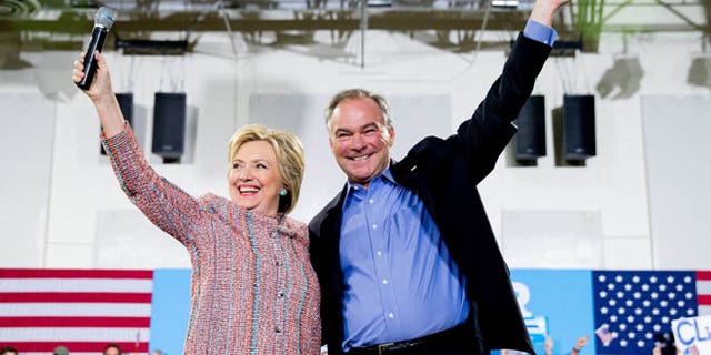 Hillary Clinton and Sen. Tim Kaine, D-Va. at Northern Virginia Community College in Annandale, Va. on July 14, 2016.