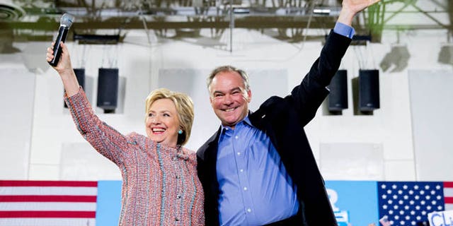 Hillary Clinton and Sen. Tim Kaine, D-Va. at Northern Virginia Community College in Annandale, Va. on July 14, 2016.