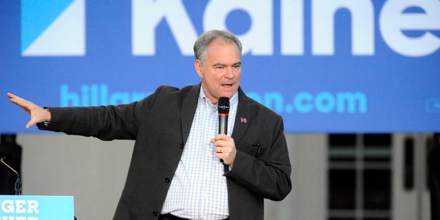 Democratic vice presidential candidate Sen. Tim Kaine talks to the crowd during a rally at Davidson College in Davidson, N.C., Wednesday, Oct. 12, 2016. (David T. Foster III/The Charlotte Observer via AP)