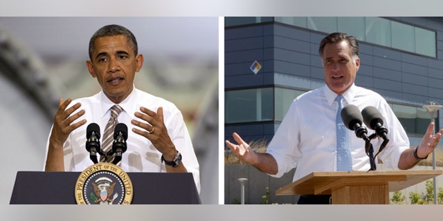 This combination of Associated Press file photos shows from left, President Obama speaking at the TPI Composites Factory, a manufacturer of wind turbine blades on May 24, 2012, in Newton, Iowa, and Republican presidential candidate, former Massachusetts Gov. Mitt Romney speaking at the Solyndra manufacturing facility on May 31, 2012, in Fremont, Calif. The weak May unemployment report released Friday, June 1, 2012, presents President Barack Obama with a sobering reminder that his stewardship of a gradual recovery from the deepest recession since the Great Depression presents a tenuous argument for his re-election. However anemic job growth and an uptick in joblessness to 8.2 percent give new resonance to Republican presidential rival Mitt Romney's campaign. (AP Photo/Charlie Neibergall, Mary Altaffer. File)