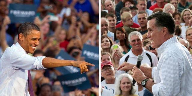 FILE - In these Aug. 2012 file photos, President Barack Obama and Republican presidential candidate, former Massachusetts Gov. Mitt Romney, right, campaign in swing states, Obama in Leesburg, Va., and Romney in Waukesha, Wis. The challenge for Obama and Romney is how to lay claim to the small but mightily important swath of the electorate, the undecided likely voter. With six hard-fought weeks left in the campaign, just 7 percent of likely voters have yet to pick a candidate, according to an Associated Press-GfK poll. (AP Photos)