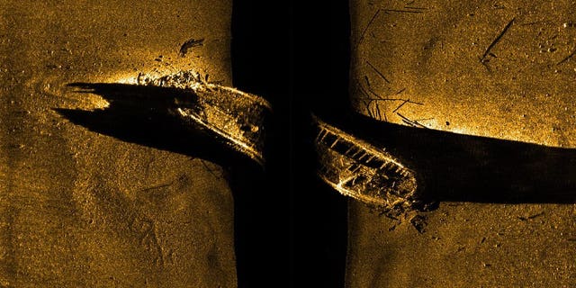 FILE - In this file image released by Parks Canada, shows a side-scan sonar image of a ship on the sea floor in northern Canada. Sir John Franklin was likely sailing on the HMS Erebus vessel when it vanished along with another vessel 170 years ago, Canada's prime minister announced Wednesday, Oct. 1, 2014. 