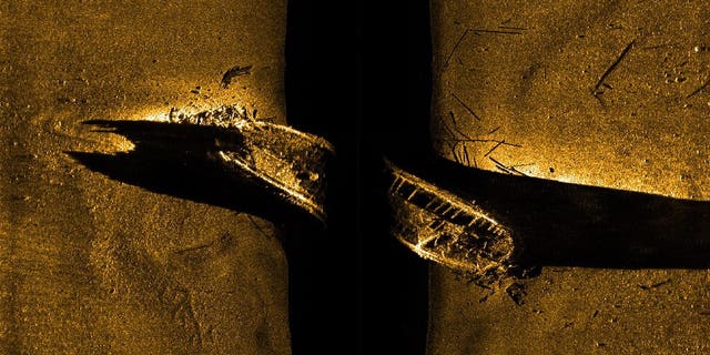 FILE - In this file image released by Parks Canada, shows a side-scan sonar image of a ship on the sea floor in northern Canada. Sir John Franklin was likely sailing on the HMS Erebus vessel when it vanished along with another vessel 170 years ago, Canada's prime minister announced Wednesday, Oct. 1, 2014.