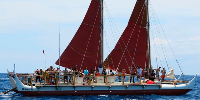April 29: The Hokulea sailing canoe is seen off Honolulu. The Polynesian voyaging canoe, guided solely by nature on a three-year circumnavigation of the globe has reached its halfway point.
