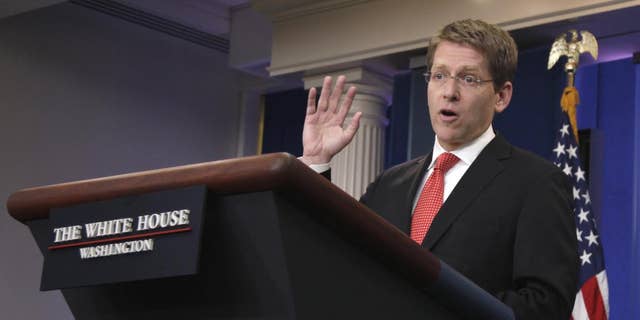 White House Press Secretary Jay Carney gestures during the daily news briefing at the White House in Washington, Tuesday, May 31, 2011. (AP Photo/Carolyn Kaster)