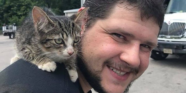 The kitten was adopted "on the spot" by an auto shop employee.