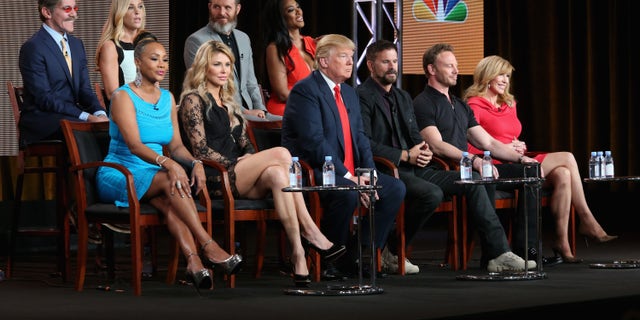 (L-R top row) Geraldo Rivera, TV personality Kate Gosselin, executive producer Mark Burnett and actress Kenya Moore. (L-R bottom row) Actress Vivica A. Fox, TV personality Brandi Glanville, executive producer/host Donald Trump, actor Lorenzo Lamas, actor Ian Ziering and Tv personality Leeza Gibbons speak onstage during the 'The Celebrity Apprentice' panel discussion at the NBC/Universal portion of the 2015 Winter TCA Tour at the Langham Hotel on January 16, 2015 in Pasadena, California.
