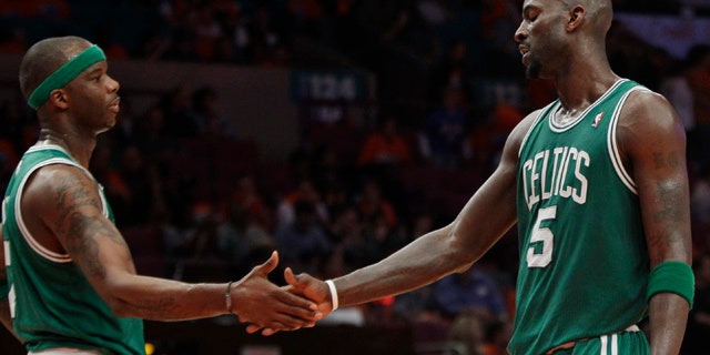 April 24, 2011: Boston Celtics forward Kevin Garnett (5) shakes hands with Jermaine O'Neal after the Celtics defeated the New York Knicks 101-89 in Game 4 of a first-round NBA basketball playoff series at Madison Square Garden in New York.