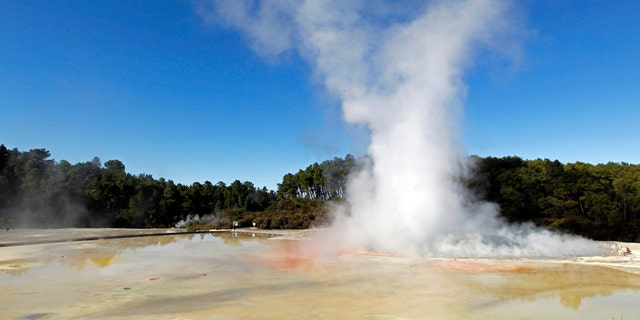 Steam rises from the "Champagne Pool" at Wai-O-Tapu, in the central area of New Zealand's North Island Sept. 26, 2011.