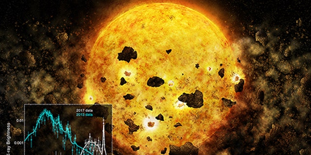 An artistic illustration of the young star RW Aur A devouring planetary debris.