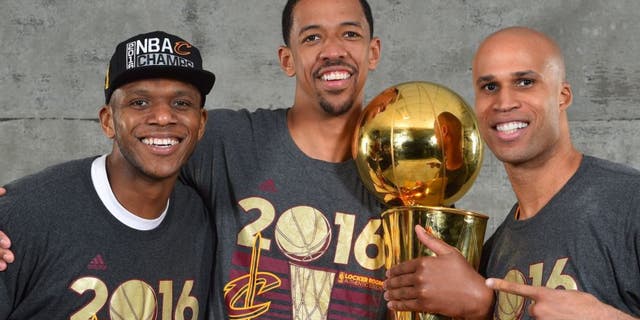 OAKLAND, CA - JUNE 19: James Jones #1, Channing Frye #9 and Richard Jefferson #24 of the Cleveland Cavaliers poses for a portrait after winning the NBA Championship against the Golden State Warriors during the 2016 NBA Finals Game Seven on June 19, 2016 at ORACLE Arena in Oakland, California. NOTE TO USER: User expressly acknowledges and agrees that, by downloading and or using this photograph, User is consenting to the terms and conditions of the Getty Images License Agreement. Mandatory Copyright Notice: Copyright 2016 NBAE (Photo by Jesse D. Garrabrant/NBAE via Getty Images)