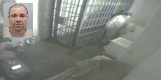 This screen grab of video from a security camera, dated July 11, 2015 and released by Mexico's National Security Commission, shows the man Mexican authorities say is Joaquin "El Chapo" Guzman inside his prison cell at the Altiplano maximum security prison, looking at the shower floor shortly before escaping through a tunnel below in Almoloya, Mexico. Guzman, the leader of the Sinaloa cartel, made his second escape from a Mexican maximum-security lockup on Saturday. His latest capture was on Feb. 22, 2014. (Mexico's National Security Commission via AP)