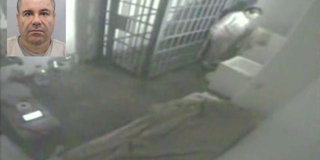 This screen grab of video from a security camera, dated July 11, 2015 and released by Mexico's National Security Commission, shows the man Mexican authorities say is Joaquin "El Chapo" Guzman inside his prison cell at the Altiplano maximum security prison, looking at the shower floor shortly before escaping through a tunnel below in Almoloya, Mexico. Guzman, the leader of the Sinaloa cartel, made his second escape from a Mexican maximum-security lockup on Saturday. His latest capture was on Feb. 22, 2014. (Mexico's National Security Commission via AP)