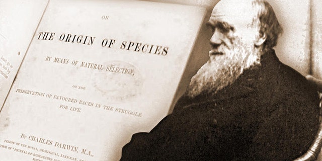 An 1875 photo of Charles Darwin along with his seminal book, "On the Origin of Species."