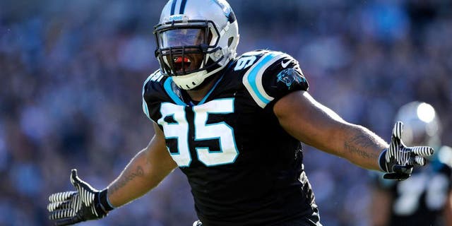 CHARLOTTE, NC - JANUARY 12: Charles Johnson #95 of the Carolina Panthers reacts after a play in the second quarter against the San Francisco 49ers during the NFC Divisional Playoff Game at Bank of America Stadium on January 12, 2014 in Charlotte, North Carolina. (Photo by Grant Halverson/Getty Images)