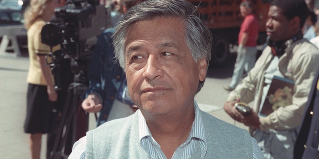 FILE - Cesar Chavez, civil rights advocate and United Farm Workers founder, is shown in this June 29, 1989 file photo. On Thursday April 23, 2015, the 22nd anniversary of his death, Chavez will get full graveside honors from the U.S. Navy at his memorial in California. (AP Photo/Richard Drew, File)