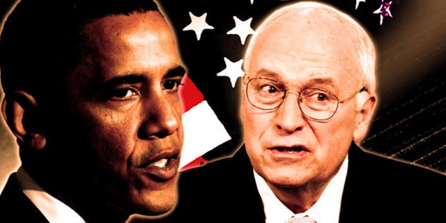 A drawing and partial graphic of President Obama and former Vice President Richard Cheney(AP)