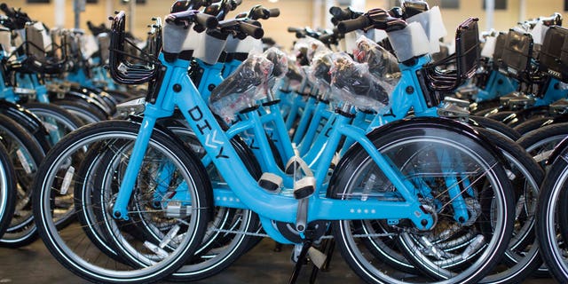 June 11, 2013: In this photo, fully assembled and ready to use bikes sit at the Divvy roll-out facility in Chicago. Chicago's new bike-share program, Divvy, will start in two weeks with about 750 bikes at 75 solar-powered docking stations and expand over the next year to at least 4,000 bikes at 400 stations scattered across the city. Users can get a $75 annual membership or a $7 day pass.