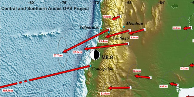 A preliminary map reveals Significant displacements as far east as Buenos Aires, Argentina and as far north as the Chilean border with Peru, thanks to the massive earthquake.