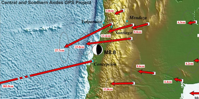 A preliminary map reveals Significant displacements as far east as Buenos Aires, Argentina and as far north as the Chilean border with Peru, thanks to the massive earthquake.