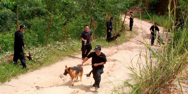 In this photo released by China's Xinhua news agency, policemen use sniffer dogs to search for a man of stabbing four elementary school students, in Pingshan Town of Lingshan County, south China's Guangxi Zhuang Autonomous Region, Friday, Sept. 26, 2014. The man fatally stabbed four elementary school students Friday while they were on their way to school, the latest of several slashing attacks targeting schoolchildren over the past decade. The county government said on its website that three of the children were killed instantly and that one died later in hospital. Officials said police are searching for 56-year-old suspect, but gave no other details. (AP Photo/Xinhua, Zhang Ailin) NO SALES