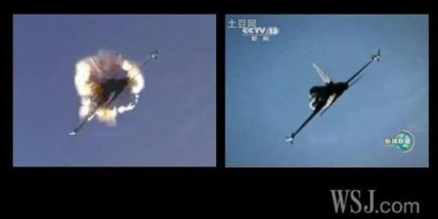 On the left, a scene from the movie "Top Gun." On the right, footage Chinese TV claimed was of an air force training excercise.