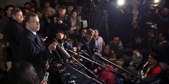 Feb. 22: U.S. Special Representative for North Korea Affairs Glyn Davies speaks to journalists upon arrival at a hotel in Beijing, China.
