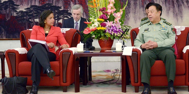 September 9, 2014: U.S. National Security Advisor Susan Rice, left, talks with Fang Changlong, vice chairman of the Central Military Commission at Bayi Building in Beijing. (AP Photo/Wang Zhao, Pool)