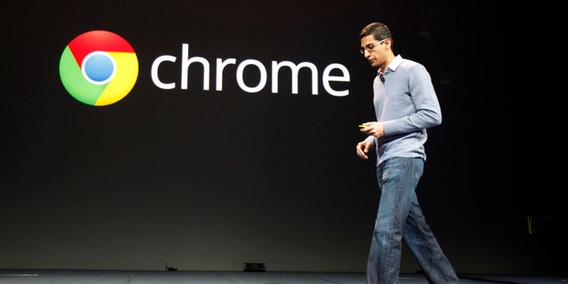 Sundar Pichai, senior vice president of Google Chrome, speaks during Google I/O Conference at Moscone Center in San Francisco.