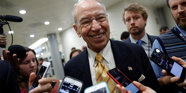 Sen. Chuck Grassley (R-IA) speaks with reporters ahead of the party luncheons on Capitol Hill in Washington, U.S. November 14, 2017.