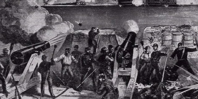 A black and white etching depicts Confederate soldiers fire on Fort Sumpter, beginning the U.S. Civil War.