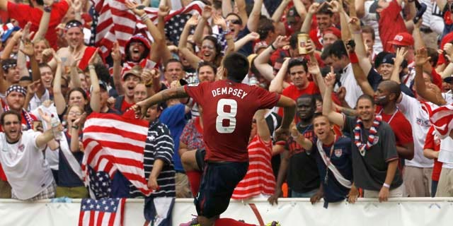 United States' Clint Dempsey (8) reacts after his goal during the second half of a CONCACAF Gold Cup quarterfinal soccer match against Jamaica on Sunday, June 19, 2011, at RFK Stadium in Washington. The United States won 2-0. (AP Photo/Alex Brandon)