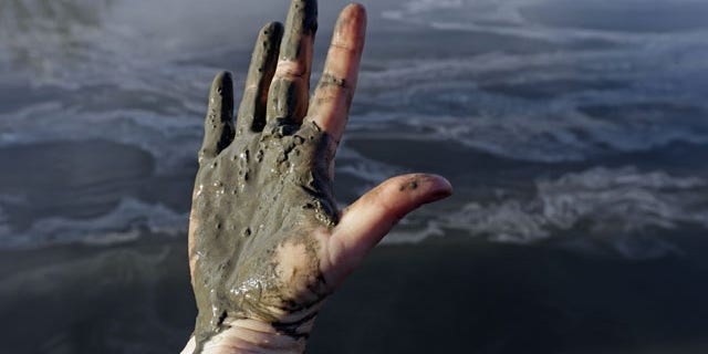 February 5, 2014: Amy Adams, North Carolina campaign coordinator with Appalachian Voices, shows her hand covered with wet coal ash from the Dan River swirling in the background as state and federal environmental officials continued their investigations of a spill of coal ash into the river in Danville, Va. Duke Energy estimates that up to 82,000 tons of ash has been released from a break in a 48-inch storm water pipe at the Dan River Power Plant in Eden N.C. on Sunday. (AP Photo/Gerry Broome)