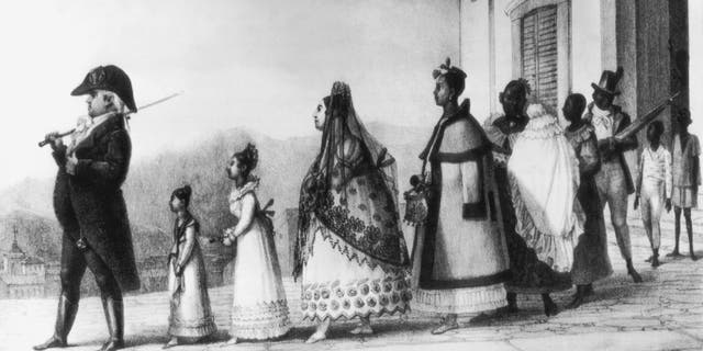 Portuguese settlers in Brazil, circa 1820. A civil servant takes his family for a stroll in Rio de Janeiro. From 'Voyage Pittoresque et Historique au Bresil' by Jean-Baptiste Debret. (Photo by Hulton Archive/Getty Images)