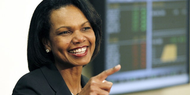 April 17, 2012: Former Secretary of State Condoleezza Rice answers questions from reporters about the issues she discussed with business students during a private presentation to them at Mississippi College in Clinton, Miss.