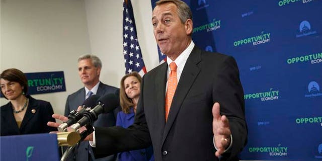 Speaker John Boehner following a GOP strategy meeting, on Capitol Hill, Wednesday, Feb. 11, 2015