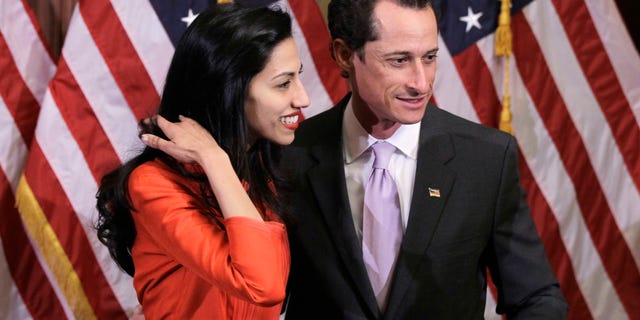 Rep. Anthony Weiner, D-N.Y., and his wife, Huma Abedin, an aide to Secretary of State Hillary Rodham Clinton, are pictured after a ceremonial swearing in of the 112th Congress on Capitol Hill in Washington in this photo taken Jan. 5, 2011.