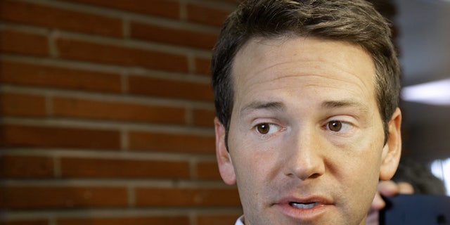 Feb. 6, 2015: Then-Rep. Aaron Schock, R-Ill. speaks to reporters in Peoria Ill.