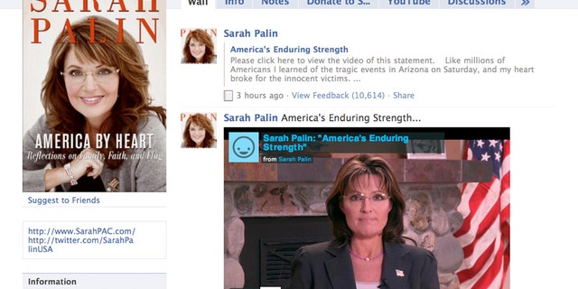 Jan. 12: This image, taken from Facebook.com, shows the Facebook page of Sarah Palin. A nearly eight-minute video was posted on her page accusing journalists and pundits of inciting hatred and violence in the wake of a deadly Arizona shooting that gravely wounded a U.S. congresswoman.
