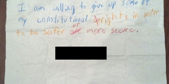 Aaron Harvey says his son's 4th grade teacher told the boy to write the letter pictured above.