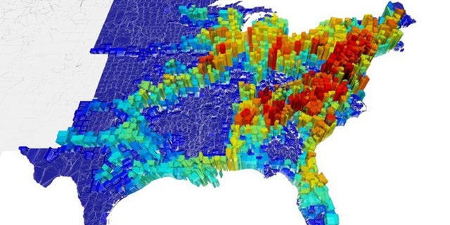 The price of anarchy, two weeks after an epidemic starts from each county in the East Coast of the United States. The price of anarchy measures the difference in spread of a disease between selfish (uncoordinated) and policy-driven (coordinated).
