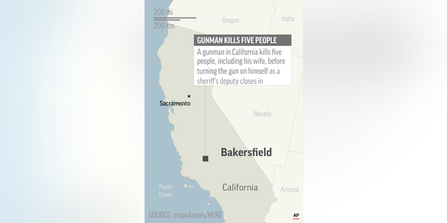 Map locates Bakersfield, California, where a gunman shot and killed five people; 1c x 4 inches; 46.5 mm x 101 mm;