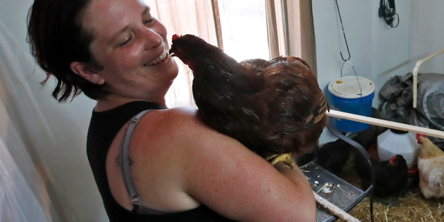 Grace Hoss holds her rooster inside an inclosure made in her neighbor's home to hold their combined chickens, Wednesday, Sept. 12, 2018, in Chesapeake, Va., as Hurricane Florence moves towards the eastern shore. (AP Photo/Alex Brandon)
