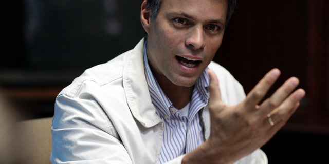 In this Feb. 26, 2013 file photo, Opposition leader Leopoldo Lopez speaks during a press conference in Caracas, Venezuela.