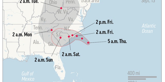 UPDATED THU 5 A.M. Map shows probable path of Hurricane Florence. ; 1c x 2 1/2 inches; 46.5 mm x 63 mm;
