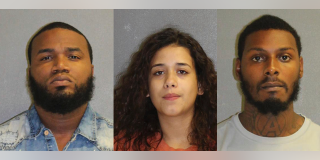 In these photos made available by the Volusia County Dept. of Corrections, Fla., shows Kelsey McFoley, left, Melissa Rios Roque and Benjamin Bascom under arrest, Thursday, Sept. 6, 2018. The three are charged in the death of Carlos Cruz-Echevarria. Echevarria was to give a deposition in a road rage case against McFoley. Bascom is accused as the shooter, Rios Roque assisted in planning the shooting and helped Bascom get away while McFoley hired to killed Eecevarria. (Volusia County Dept. of Corrections via AP)